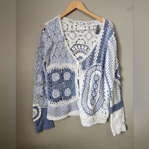 Together Blue and White Crochet Cardigan - Cotton - Size Large